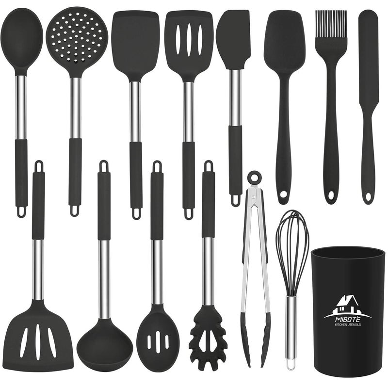 MIBOTE Silicone Kitchen Utensils Set, Cooking Utensils Set with Heat Resistant BPA-Free Silicone and Stainless Steel Handle Kitchen Tools Set (Black) - Image 1